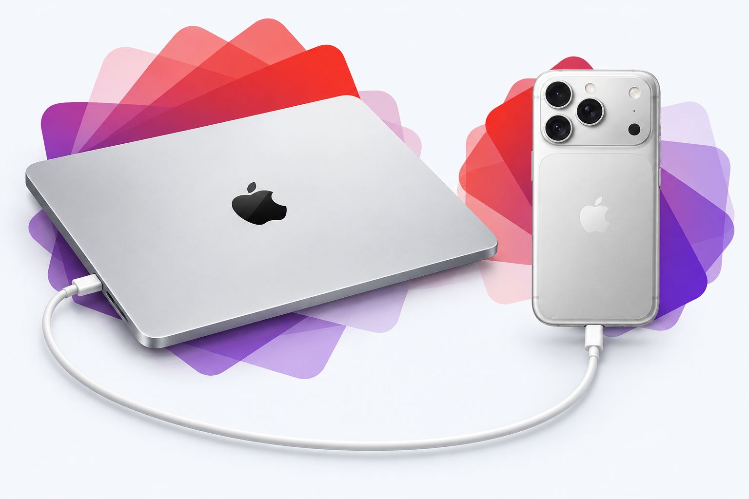 Illustration of a silver MacBook and iPhone connected by one white USB-C cable, with red and purple shapes behind them.